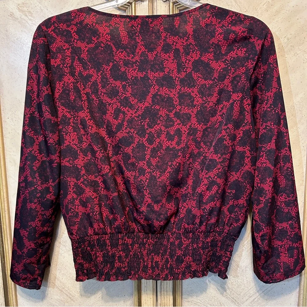 Michael Kors Red & Black Abstract Lace Print Smocked Waist Blouse